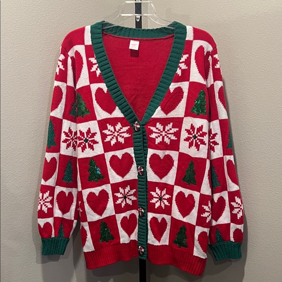 Holiday Time Red and Green Cardigan Sweater - Picture 1 of 5